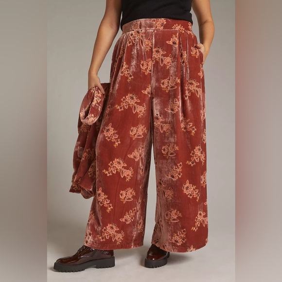 NEW Anthropologie x Hutch Floral Burnout Velvet Wide Leg Pants size XL - Picture 3 of 12